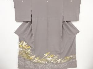 リサイクル　群鶴に花古典柄模様刺繍三つ紋色留袖(比翼付き)